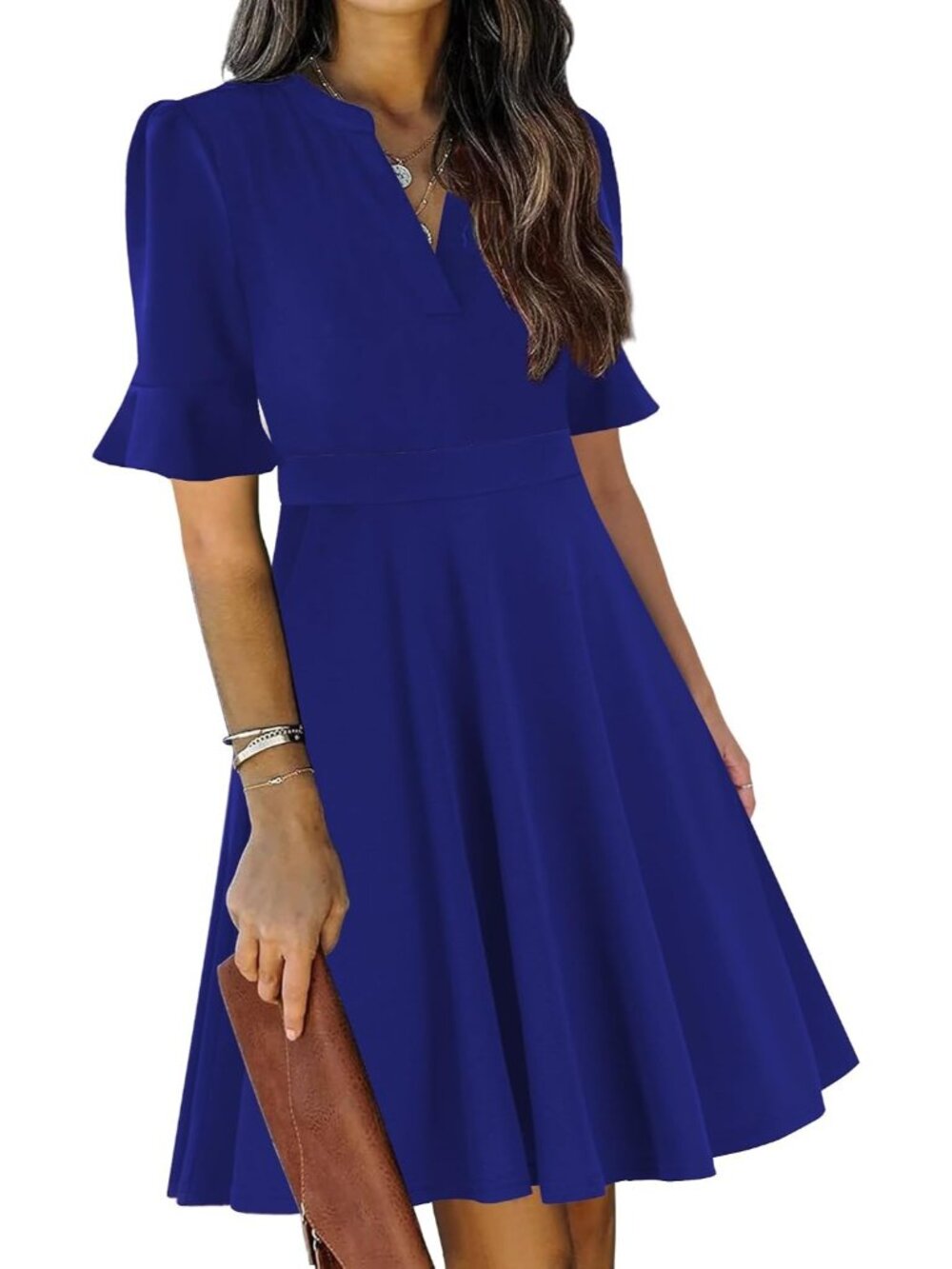 Women's Royal Blue Fit And Flare Knee Length V Neck Short Sleeve Guest Dress